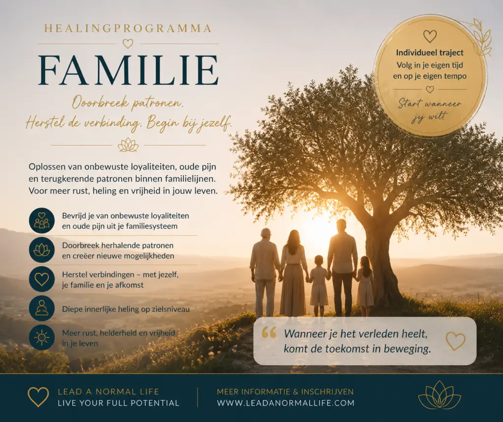 Healingprogramma Familie Doorbreek patronen. Herstel de verbinding. Begin bij jezelf. Oplossen van onbewuste loyaliteiten, oude pijn en terugkerende patronen binnen familielijnen. Voor meer rust, heling en vrijheid in jouw leven. Bevrijd je van onbewuste loyaliteiten en oude pijn uit je familiesysteem Doorbreek herhalende patronen en creëer nieuwe mogelijkheden Herstel verbindingen - met jezelf, je familie en je afkomst Diepe innerlijke heling op zielsniveau Meer rust, helderheid en vrijheid in je leven Individueel traject. Volg in eigen tijd en op eigen tempo Start wanneer jij wilt Wanneer je het verleden heelt, komt de toekomst in beweging Lead a normal life Live your full potential