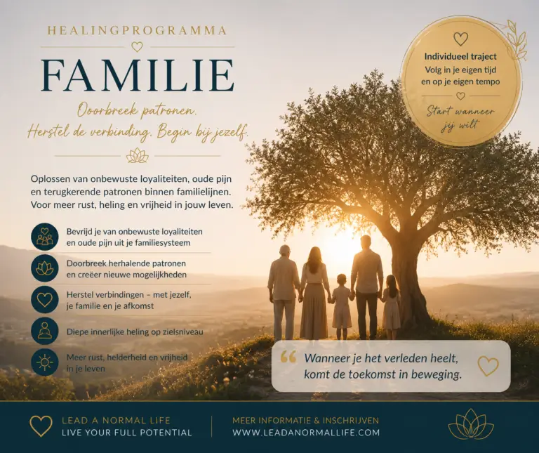 Healingprogramma Familie Doorbreek patronen. Herstel de verbinding. Begin bij jezelf. Oplossen van onbewuste loyaliteiten, oude pijn en terugkerende patronen binnen familielijnen. Voor meer rust, heling en vrijheid in jouw leven. Bevrijd je van onbewuste loyaliteiten en oude pijn uit je familiesysteem Doorbreek herhalende patronen en creëer nieuwe mogelijkheden Herstel verbindingen - met jezelf, je familie en je afkomst Diepe innerlijke heling op zielsniveau Meer rust, helderheid en vrijheid in je leven Individueel traject. Volg in eigen tijd en op eigen tempo Start wanneer jij wilt Wanneer je het verleden heelt, komt de toekomst in beweging Lead a normal life Live your full potential