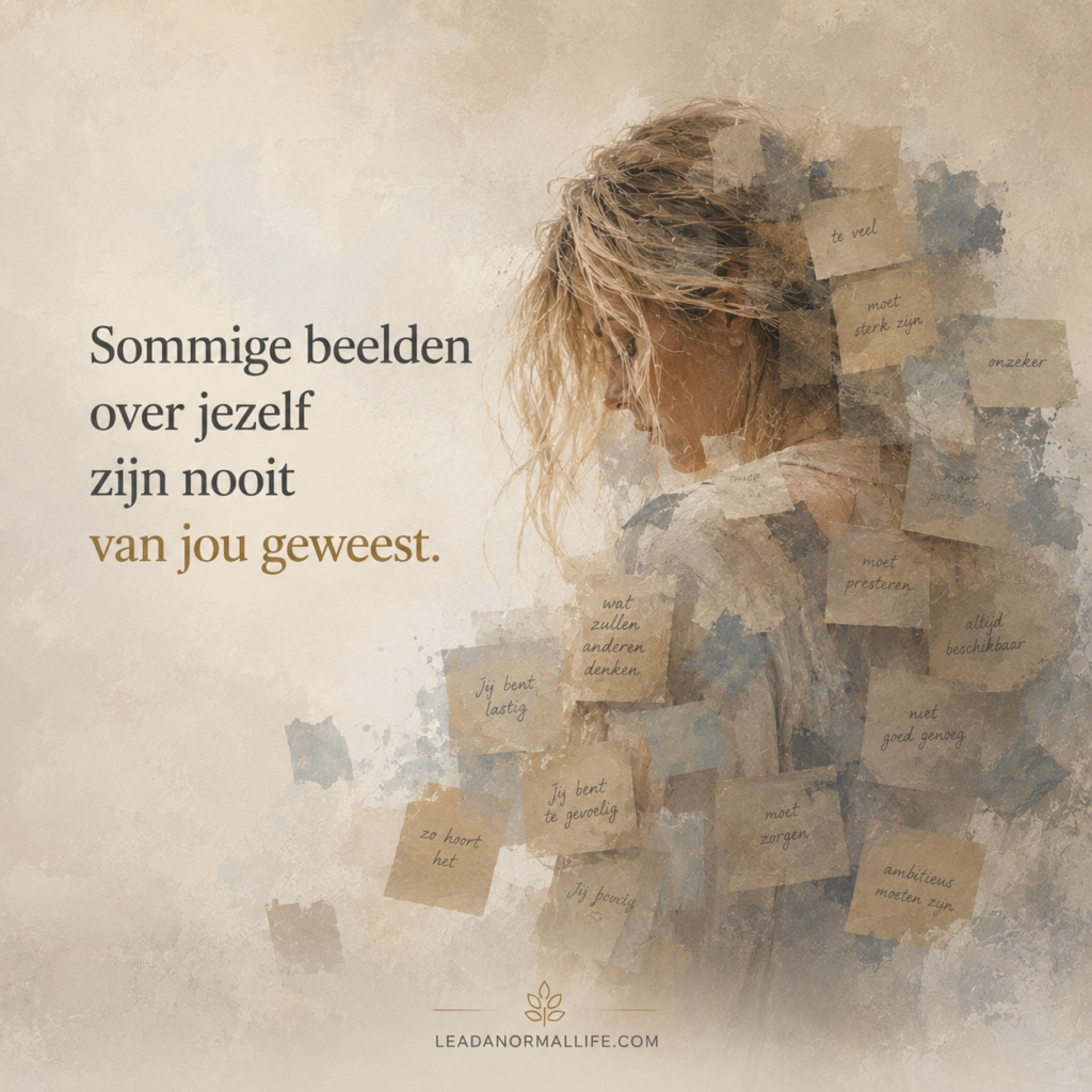 Sommige beelden over jezelf zijn nooit van jou geweest. Leadanormallife.com Vrouw met projecties op haar geplakt. Je bent te veel. Je bent lastig. Onzeker. Wat zullen anderen denken.