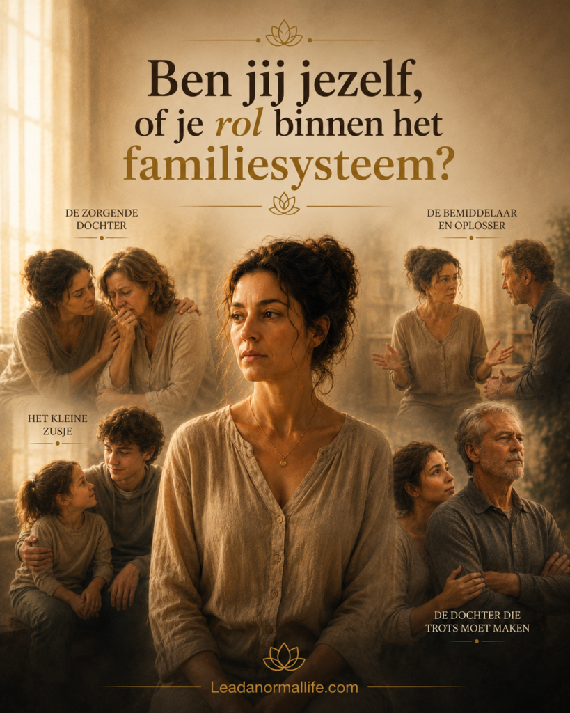 Ben jij jezelf of je rol binnen het familiesysteem? De afbeelding toont een vrouw die verschillende rollen aanneemt binnen situaties in de familie, zoals de verzorgende, de bemiddelaar, degene die moet presteren. Leadanormallife.com