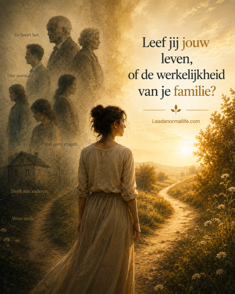 Leef je jouw leven of de werkelijkheid van je familie. De afbeelding toont een vrouw die beïnvloedt wordt door familieleden met overtuigingen, rollen en patronen voortkomend uit het familiesysteem. Leadanormallfie.com