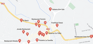 Kaart met daarop restaurants in Solsona aangeduid. Dit is op 15 minuten van Linya.