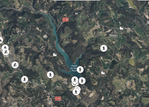 Kaart met daarop plekken voor wandelroutes en mountainbikeroutes in de buurt van Linya, Sant Ponç en Navès.