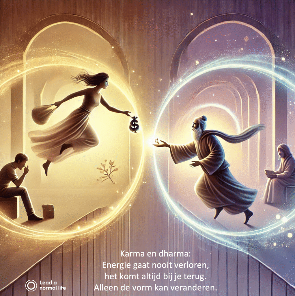 Karma en dharma: Energie gaat nooit verloren, het komt altijd bij je terug. Alleen de vorm kan veranderen. Lead a normal life