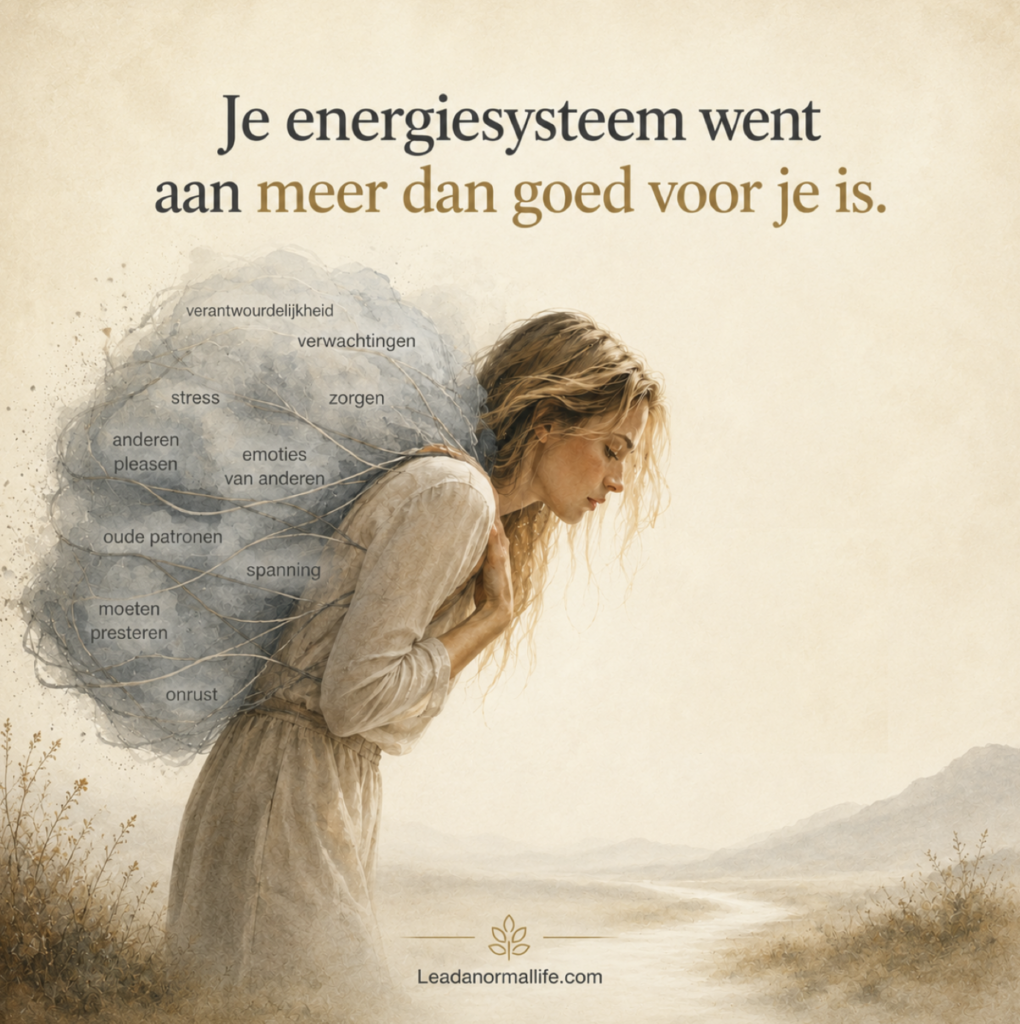 Je energiesysteem went aan meer dan goed voor je is. Leadanormallife.com Vrouw die energetische ballast meedraagt zoals verantwoordelijkheid, verwachtingen, stress, emoties van anderen, oude patronen, moeten presteren.