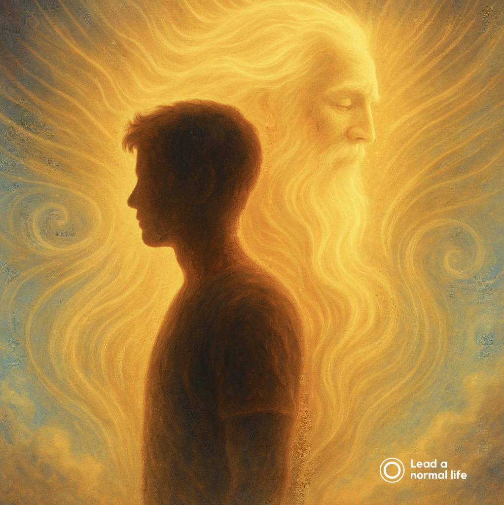 A boy with an ethereal old man emerging from him symbolizes a boy with an old soul who carries ancient wisdom within him.