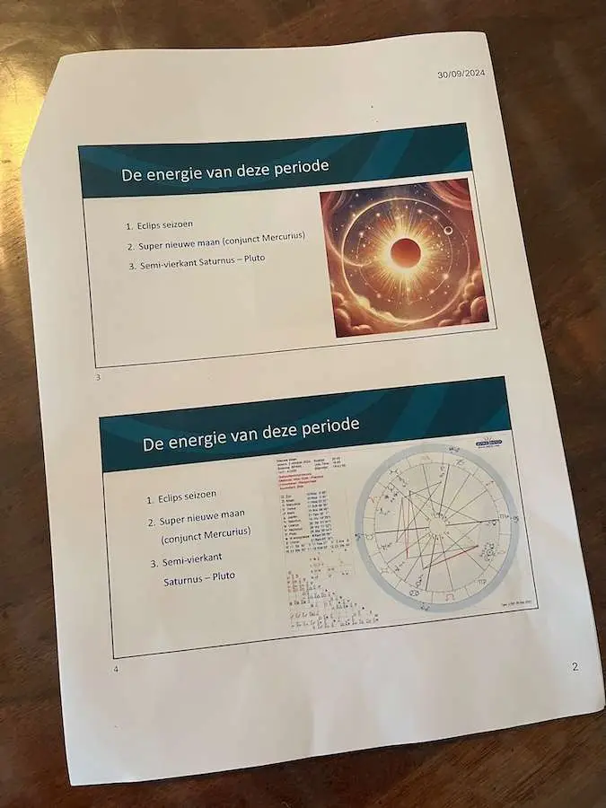 Foto van werkboek met uitleg over de energieën van deze week.