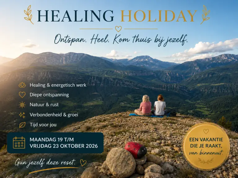Healing holiday Ontspan. Heel. Kom thuis bij jezelf. HMaandag 19 t/m vrijdag 23 oktober 2026. Healing & energetisch werk Diepe ontspanning Natuur & rust Verbondenheid & groei Tijd voor jou Een vakantie die je raakt, van binnenuit. Gun jezelf deze reset
