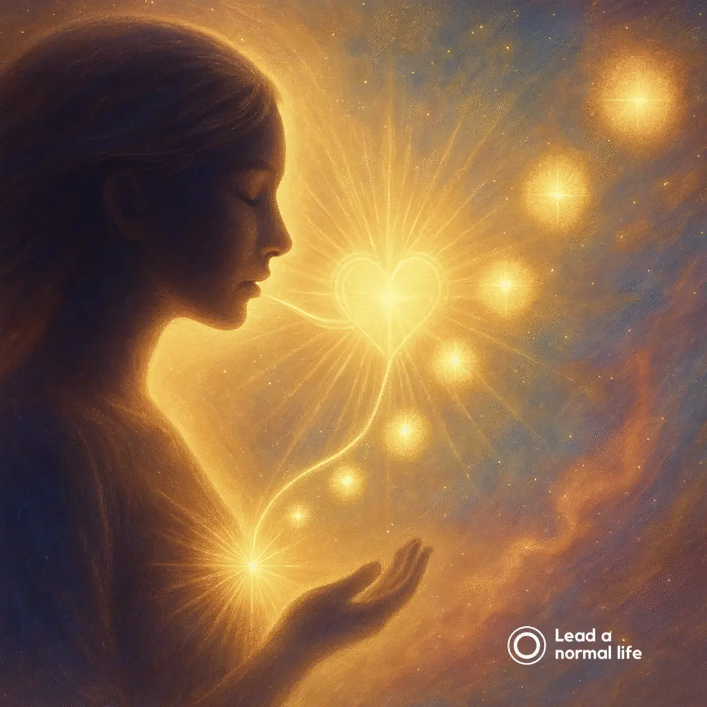 Een afbeelding die visualiseert dat woorden ertoe doen. Vanuit het hart en de mond van een silhouet stroomt energie in de vorm van een hart. Lead a normal life