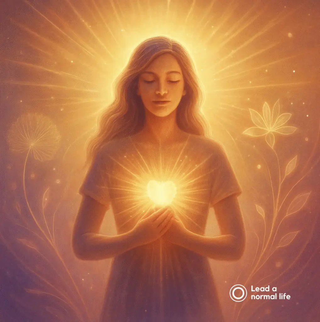 Eenzaamheid: ‘ik heb mensen om me heen, maar ik voel geen echte verbinding’. Deze afbeelding visualiseert waar het werkelijk om gaat, zelfliefde. Het is een silhouet van een vrouw met een hart in haar handen.