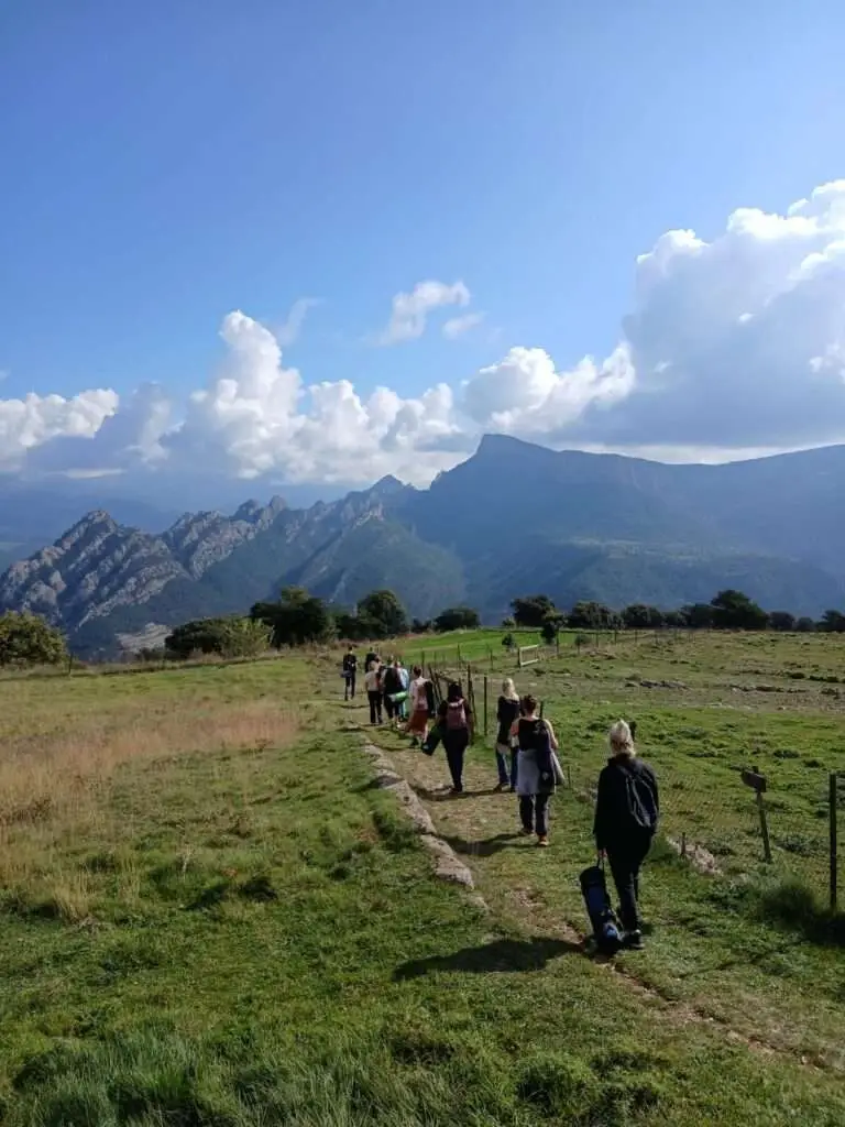 Groepswandeling door een groene vallei richting de bergen.