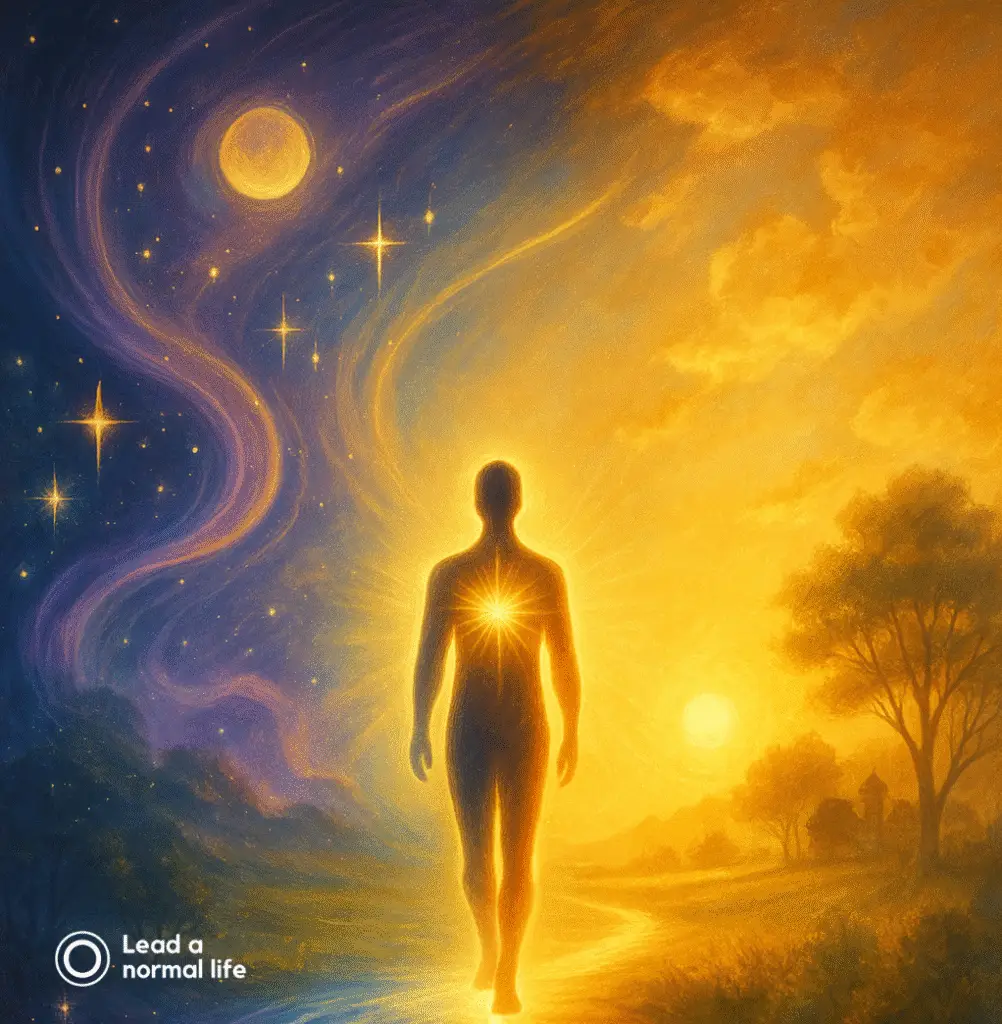 Spiritualiteit versus realiteit waarom het geen strijd hoeft te zijn. Dit is visueel weergegeven door een silhouet die in zowel een spirituele als natuurlijke wereld loopt wat in elkaar overvloeit.