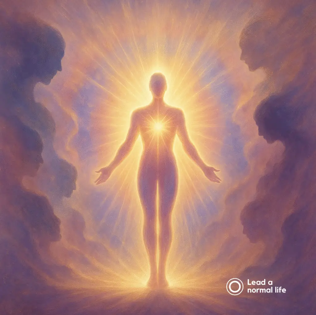 Wie ben ik echt zonder de rollen, toonbeelden en projecties van anderen? Zonder voldoen aan het ideaalbeeld. Een silhouet van een persoon die straalt vanuit eigen kracht.