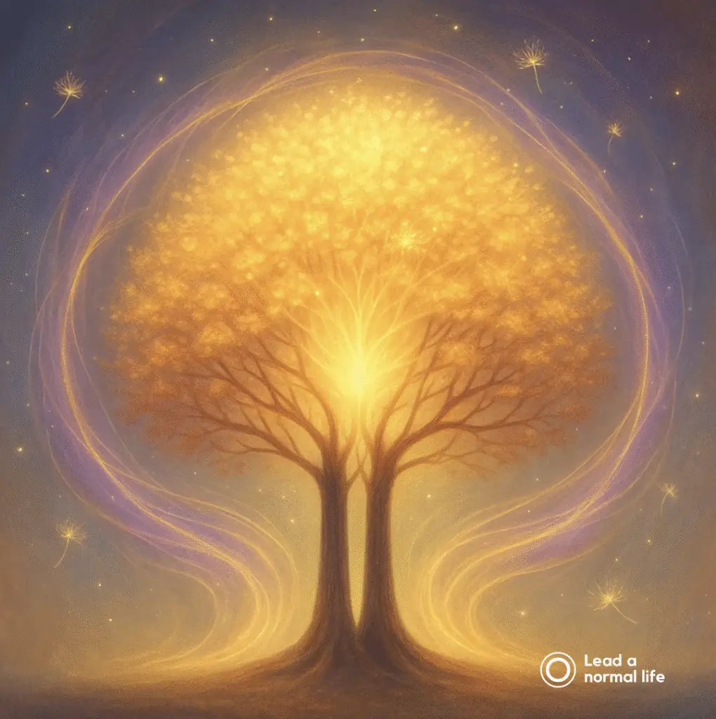 Een boom met twee stammen en één kroon wat een gezonde relatie visualiseert. Individualiteit binnen eenheid. Lead a normal life