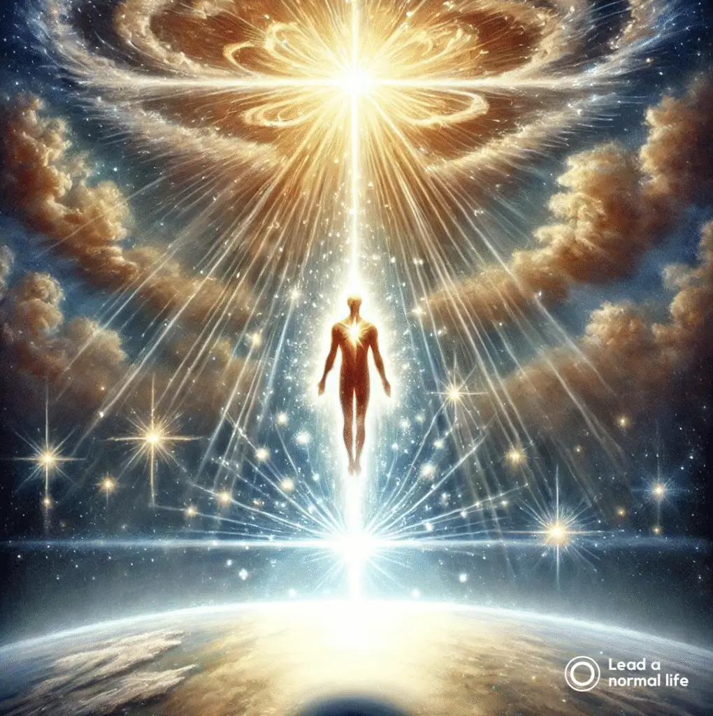Visualisatie van hoe je als mens een multidimensionaal energiewezen bent. Een zender en ontvanger van energie. Verbinding met de kosmos en het universum en met de aarde. Lead a normal life