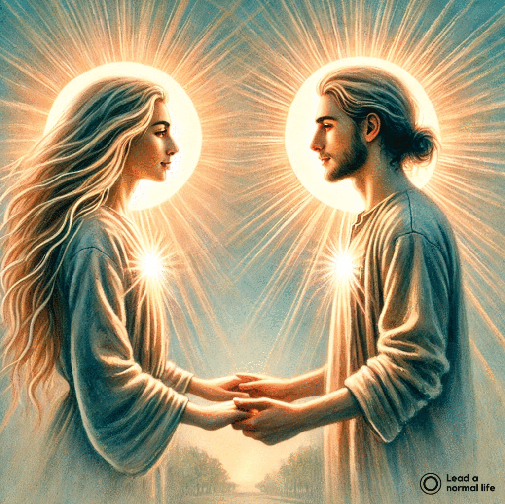 Twee stralende silhouetten die personen representeren. Ze zijn samen en geven elkaar de ruimte. Het laat zien hoe een gezonde relatie eruitziet.