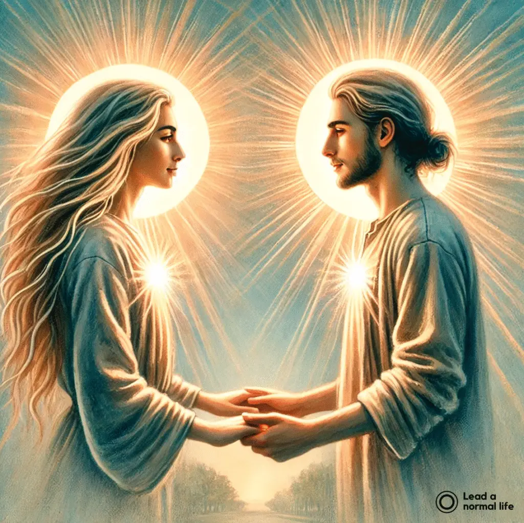 Twee stralende silhouetten die personen representeren. Ze zijn samen en geven elkaar de ruimte. Het laat zien hoe een gezonde relatie eruitziet.