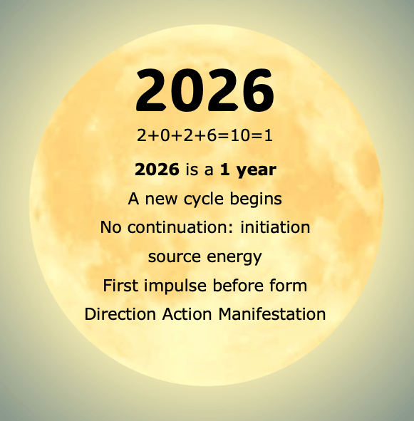 2026 2+0+2+6=10=1 2026 is a 1 year A new cycle begins No continuation: initiation source energy First impulse before form Direction Action Manifestation