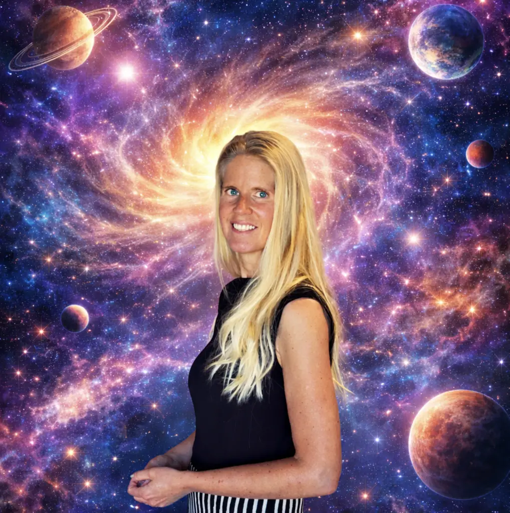 Een foto van Astrid van Pluuren in een kosmische achtergrond met planeten. Het staat symbool voor de Astrologische LevensLab.