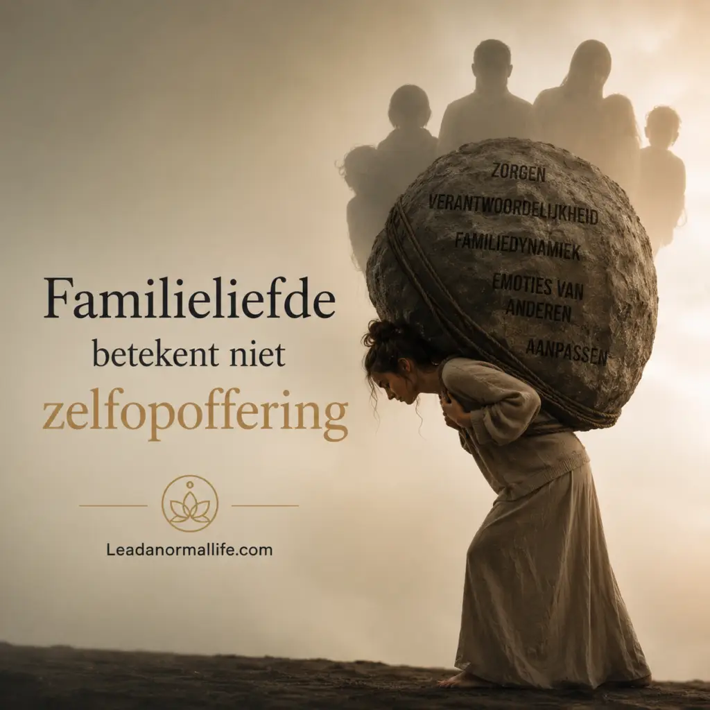 Familieliefde betekent niet zelfopoffering Visualisatie van een vrouw die gebukt gaat onder de verantwoordelijkheden en lasten van de familie