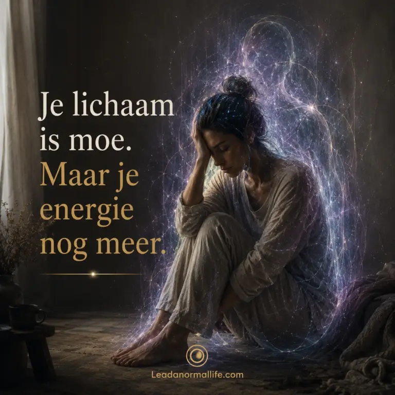 Je lichaam is moe. Maar je energie nog meer. Een visualisatie van een vrouw die vermoeid is met een chaotisch energieveld eromheen.