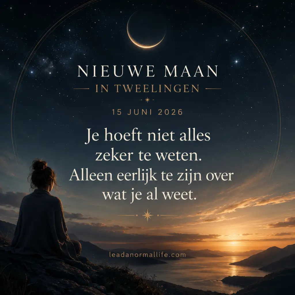 Nieuwe maan in Tweelingen | 15 juni 2026 Je hoeft niet alles zeker te weten. Alleen eerlijk te zijn over wat je al weet. Leadanormallife.com