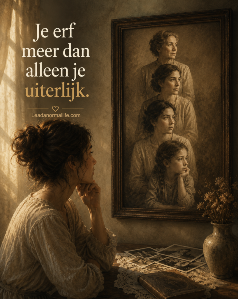 Je erft meer dan alleen je uiterlijk. Een vrouw kijkt in de spiegel en ziet de silhouetten van de vrouwelijke kant van energie in de familielijn. Leadanormallife.com