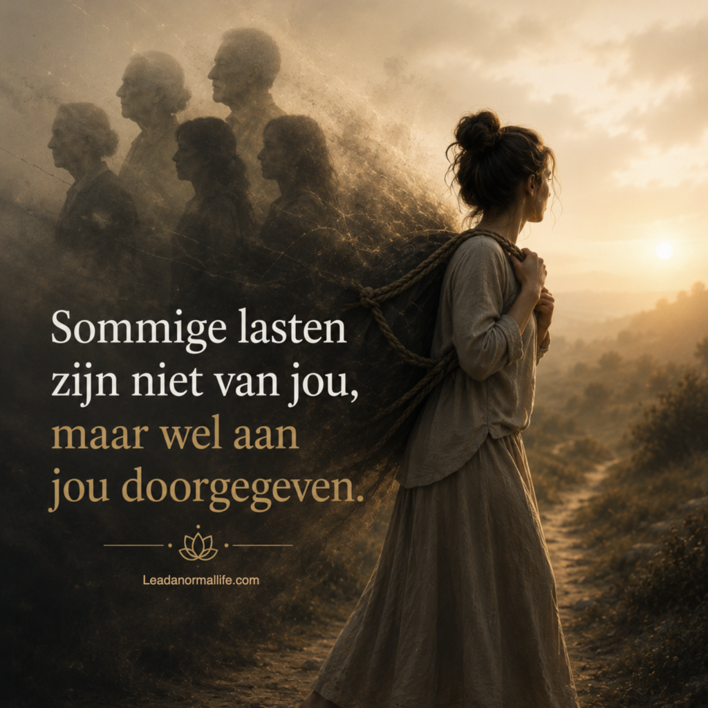 Sommige lasten zijn niet van jou, maar wel aan jou doorgegeven. Een vrouw met een rugzak een energie uit de familielijn. Leadanormallife.com