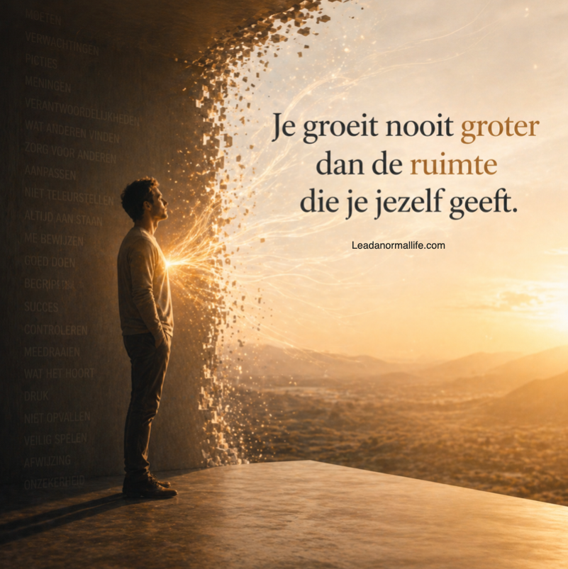 Je groeit nooit groter dan de ruimte die je jezelf geeft. Mannelijke silhouet met achter zich woorden die hem klein houden, zoals willen bewijzen, gezien worden, erkenning krijgen, altijd aan staan, etc. En voor hem een groot open landschap.