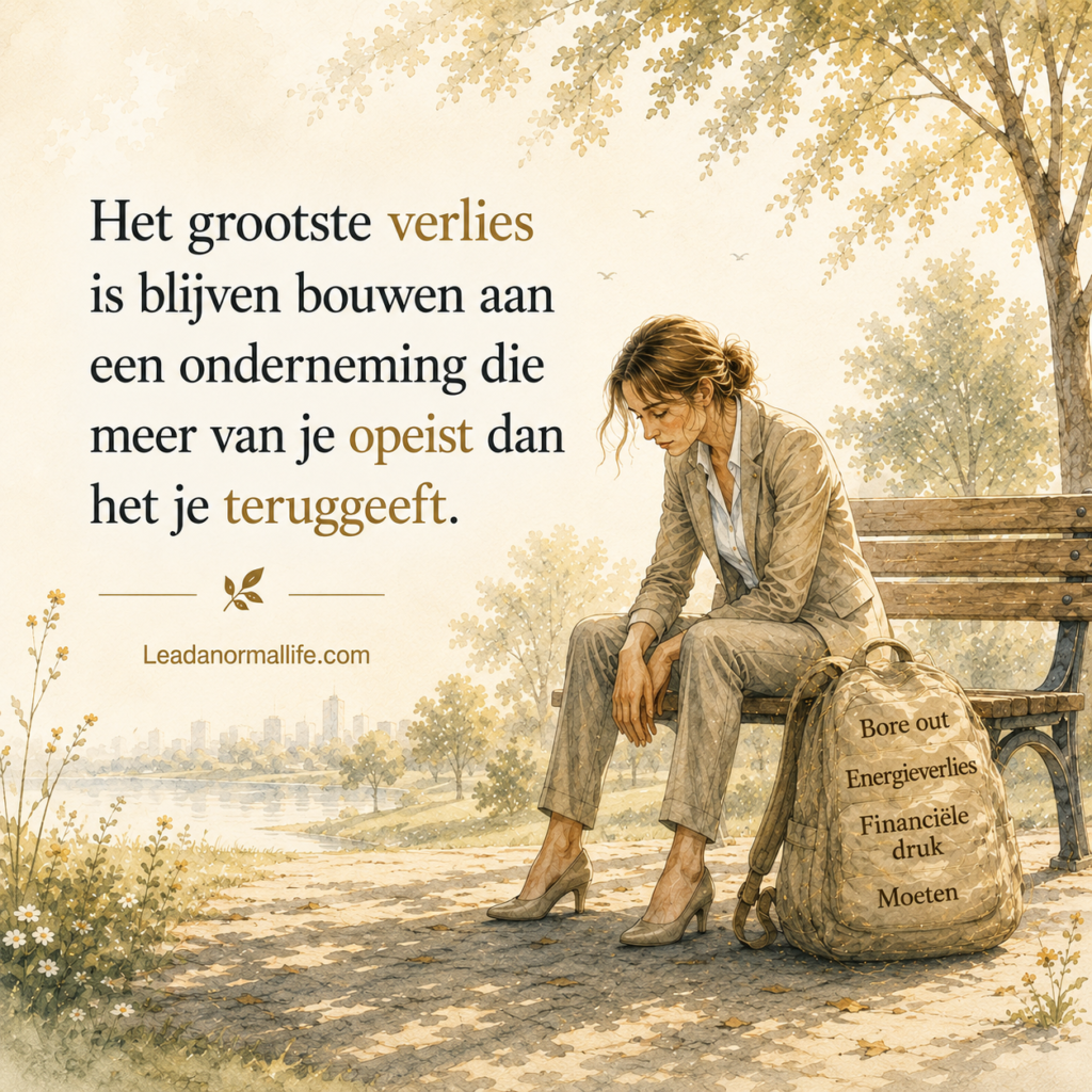 Het grootste verlies is blijven bouwen aan een onderneming die meer van je opeist dan het je teruggeeft. Bore out, energieverlies, financiële druk, moeten. Leadanormallife.com