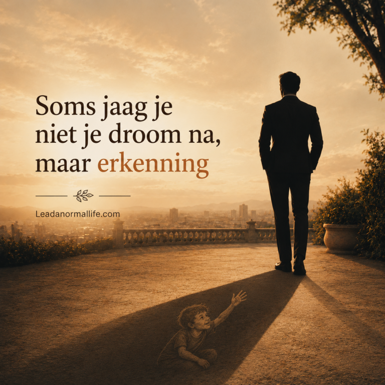 Soms jaag je niet je droom na, maar erkenning. Een mannelijke silhouet met een schaduw waarin je zijn innerlijke kind ziet die graag gezien wil worden en erkenning wil krijgen. Dat is de werkelijke drijfveer van het succes.
