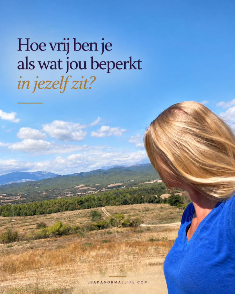 Hoe vrij ben je als wat jou beperkt in jezelf zit? Foto van een vrouw die naar een open weide met op de achtergrond bergen kijkt.