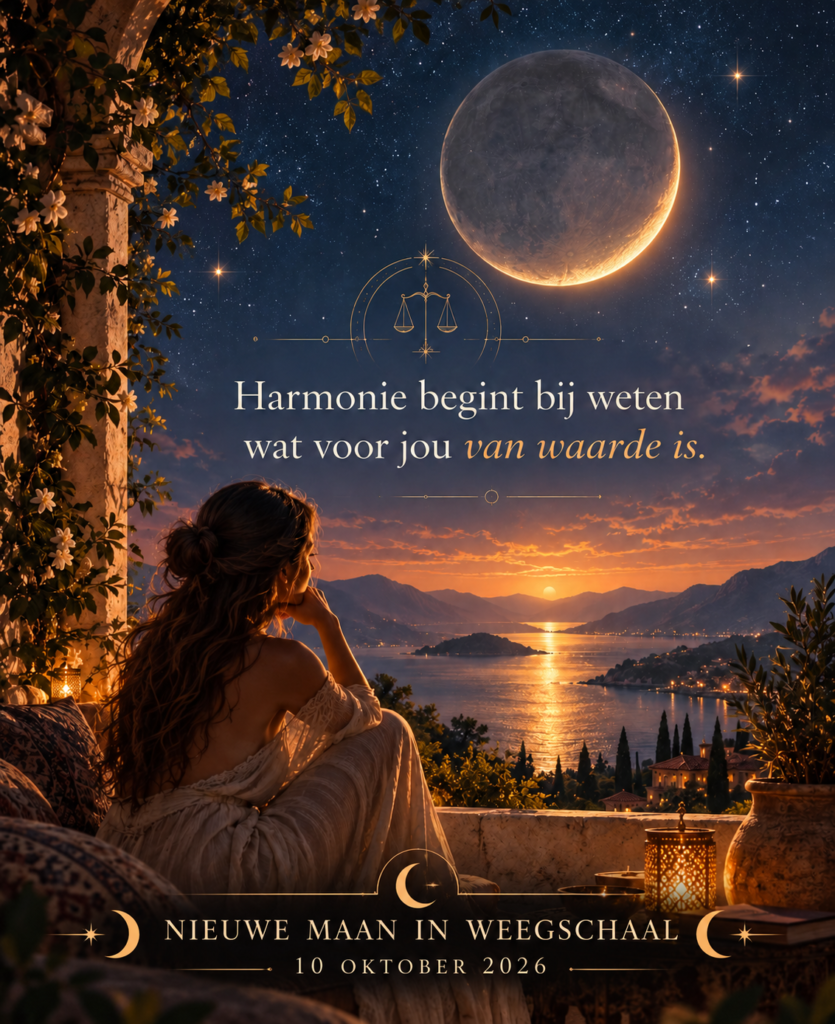 Nieuwe maan in Weegschaal 10 oktober 2026 Harmonie begint bij weten wat voor jou van waarde is. Silhouet van een vrouw die over een meer naar de nieuwe maan kijkt. Met een weegschaal symbool erbij.